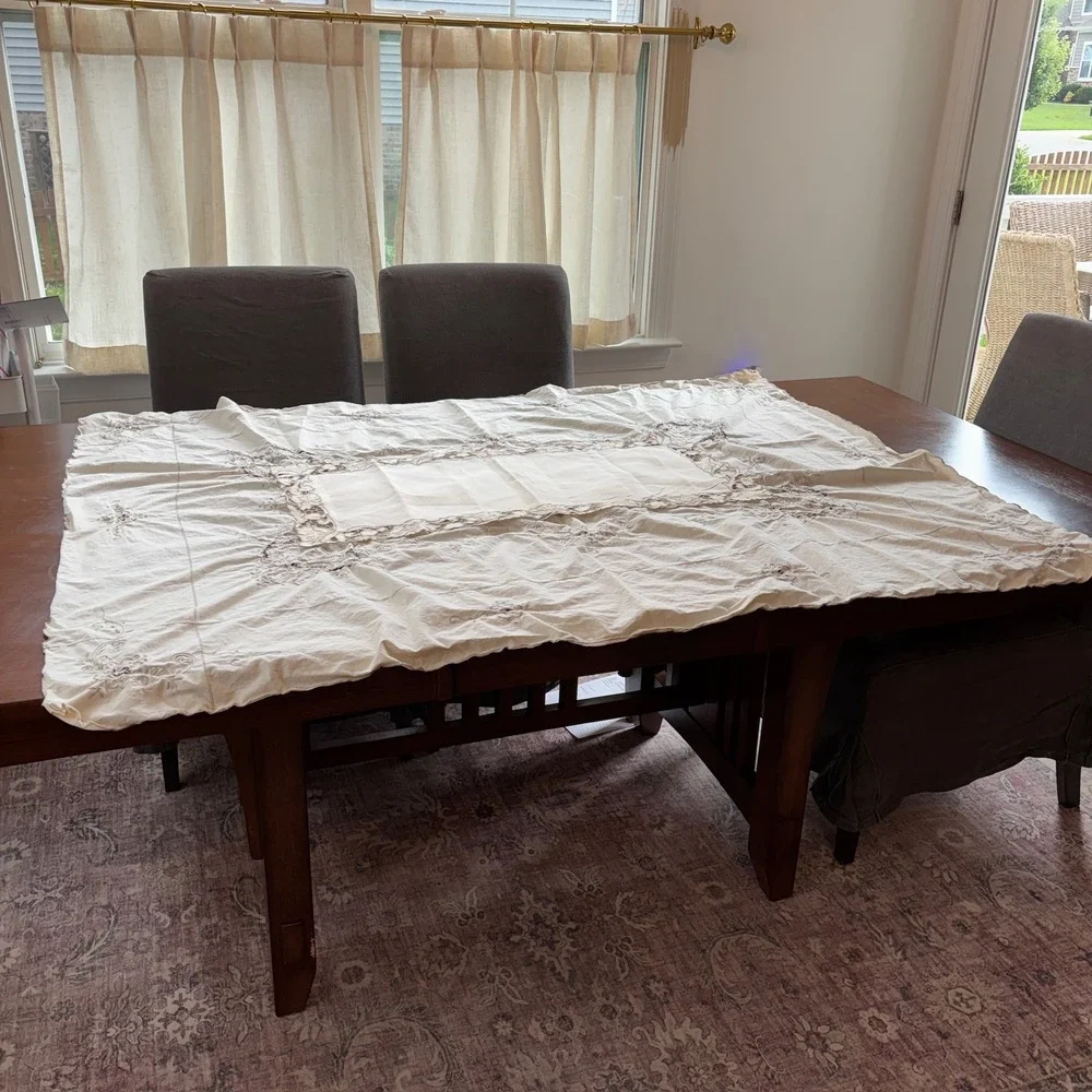 Vintage Cream Embroidered Linen Tablecloth + Table Runner Cutwork Lace  59x48